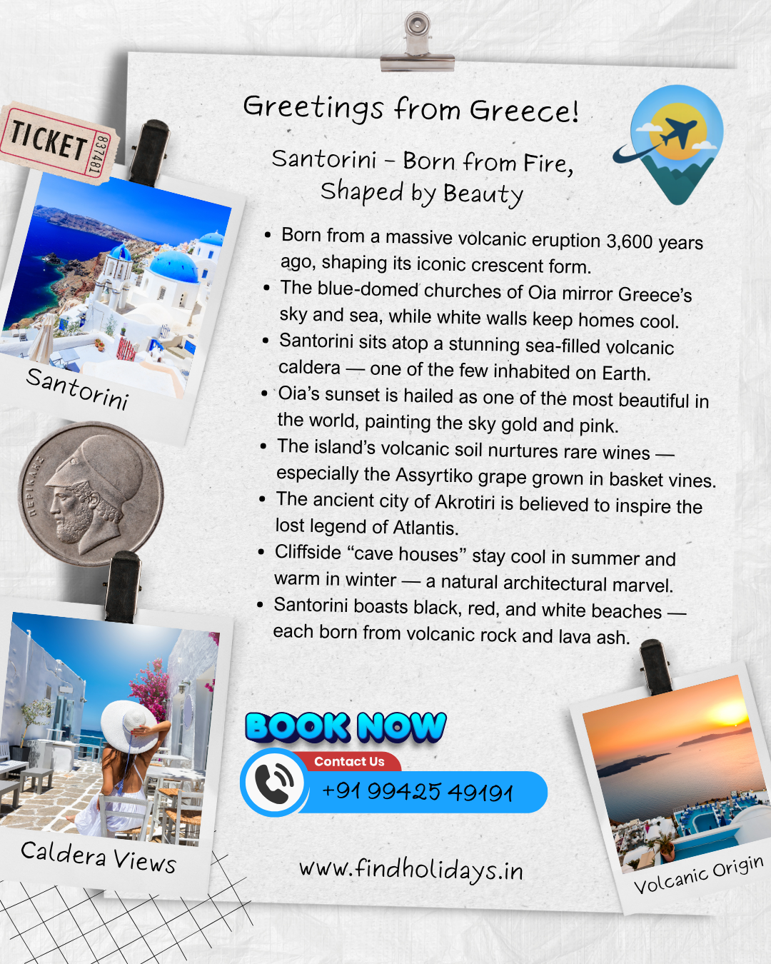 Discover Santorini with FindHolidays.in! A 6-day Greece tour from Chennai featuring blue domes, sunsets in Oia, volcano tours, beaches & wine tasting.