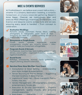 Plan extraordinary weddings, honeymoons, and corporate MICE events with FindHolidays.in, Chennai’s trusted travel and event planners. Based in Anna Nagar, we organize destination weddings, luxury honeymoons, conferences, retreats, and social events across India and abroad — with décor, logistics, photography, and full travel support. Craft your celebration with the experts today!