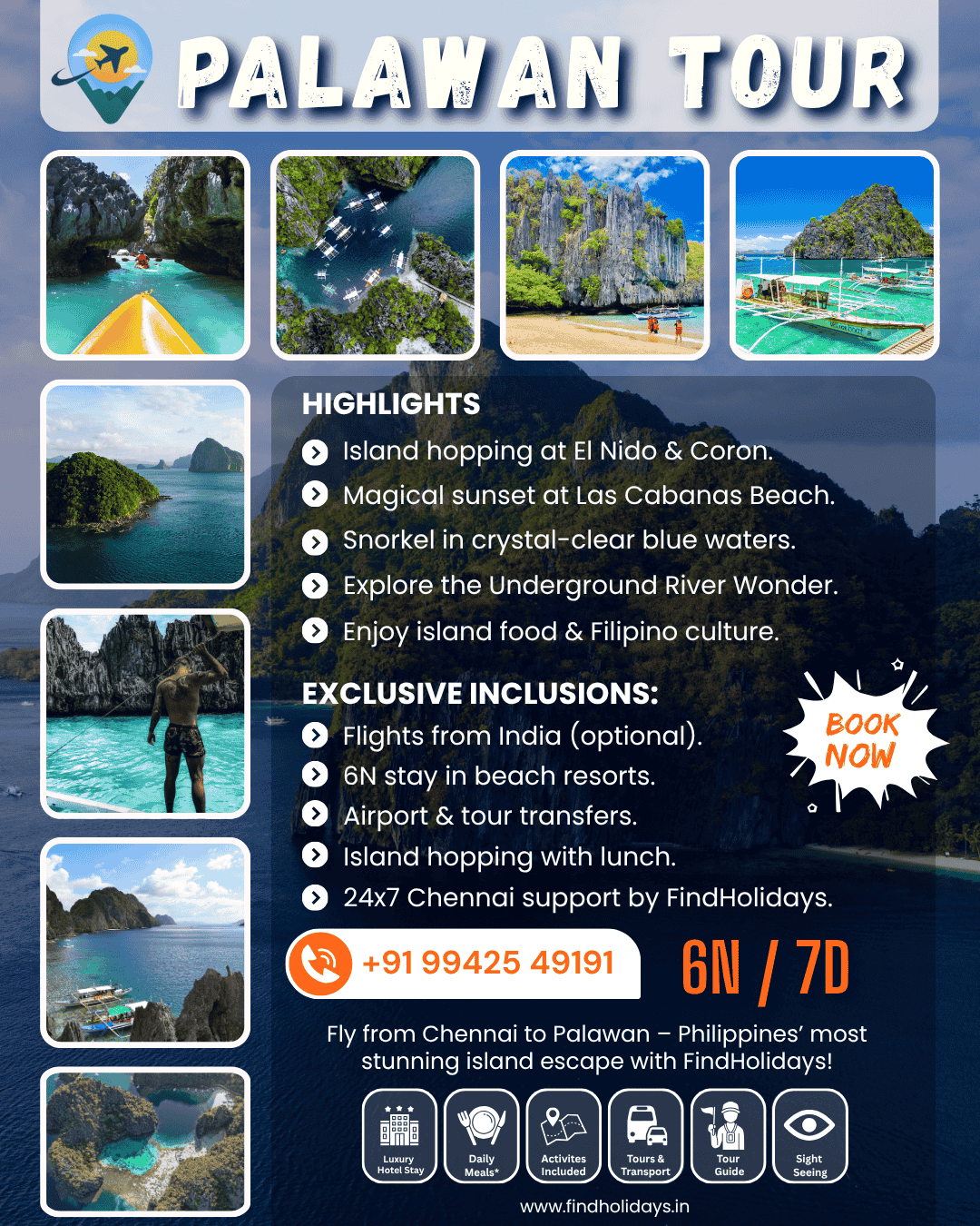 Plan your dream Palawan tour from Chennai with FindHolidays.in. Discover El Nido, Coron Island & Puerto Princesa in one perfect 6N/7D Philippines package. Flights, hotels, transfers & local tours included. Trusted Chennai-based travel company offering seamless bookings and Tamil-friendly support.