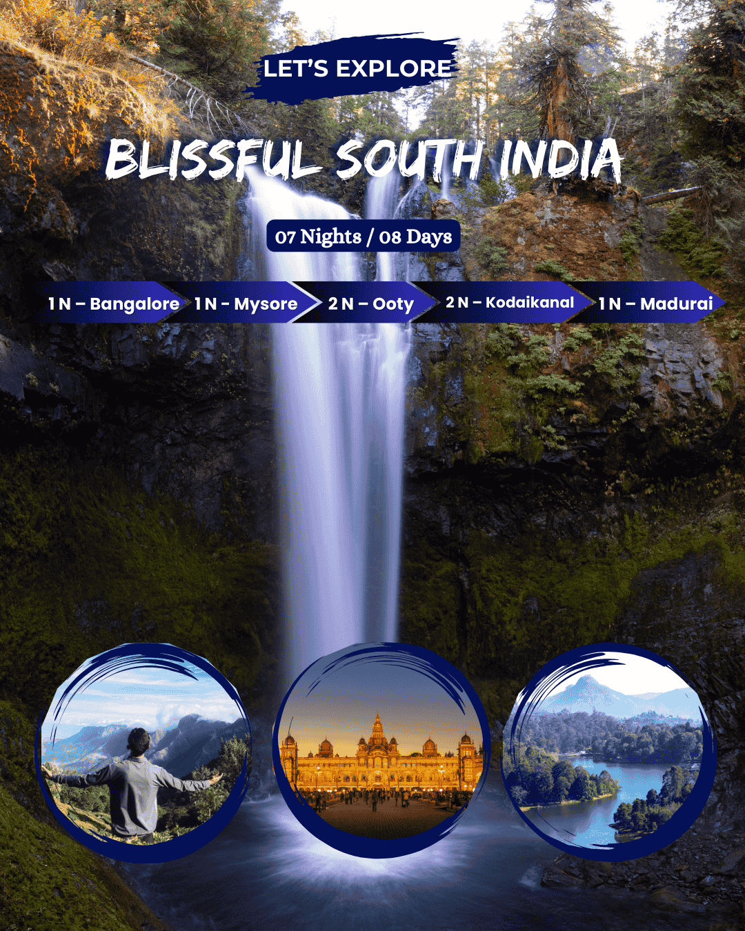Blissful South India 7 Nights 8 Days tour itinerary covering Bengaluru Mysore Ooty Kodaikanal Madurai
